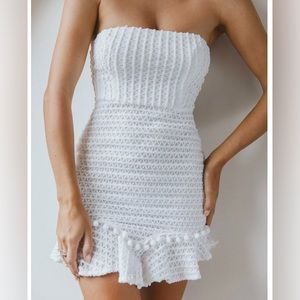 Selfie Leslie overlay strapless flounce hem mini dress in white